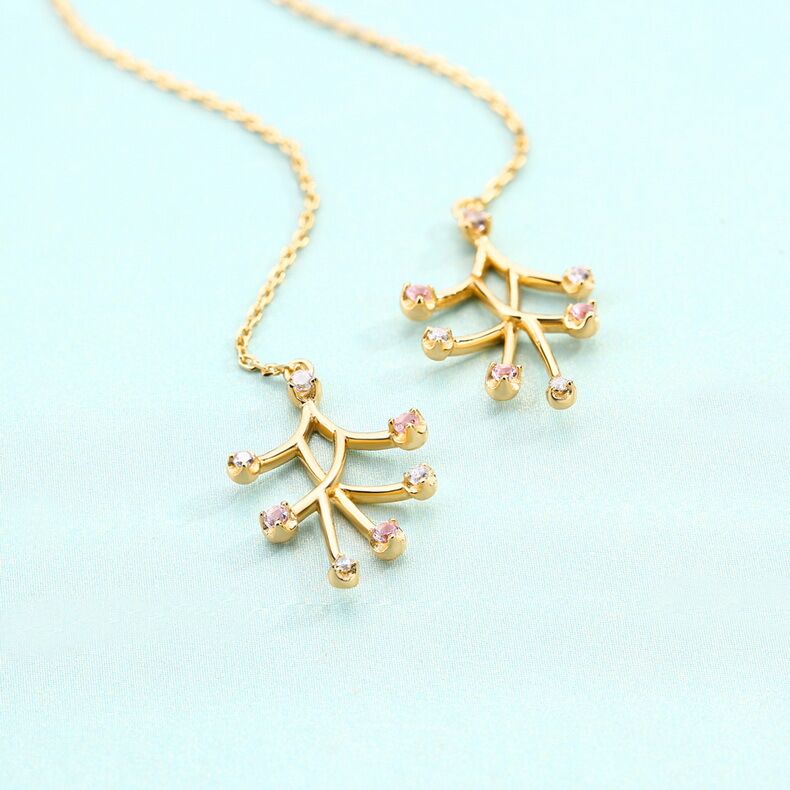 Branch Shaped S925 Sterling Silver Pink Zircon Earrings with 9k Yellow Gold Plating